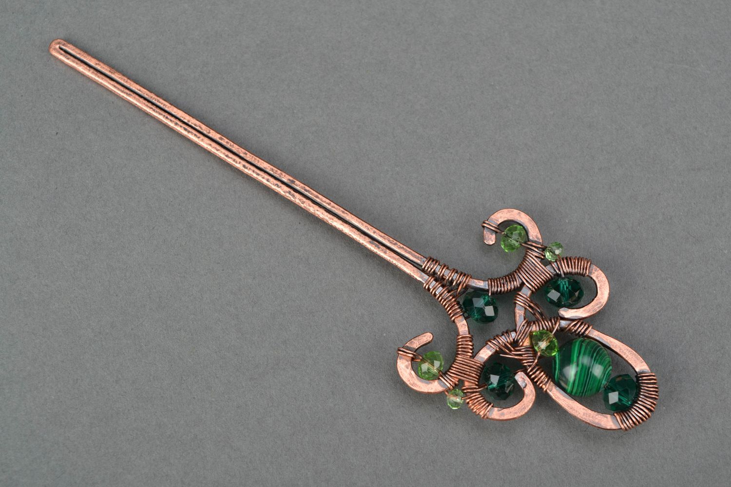 Handmade copper hair pin with malachite made using wire wrap technique photo 4