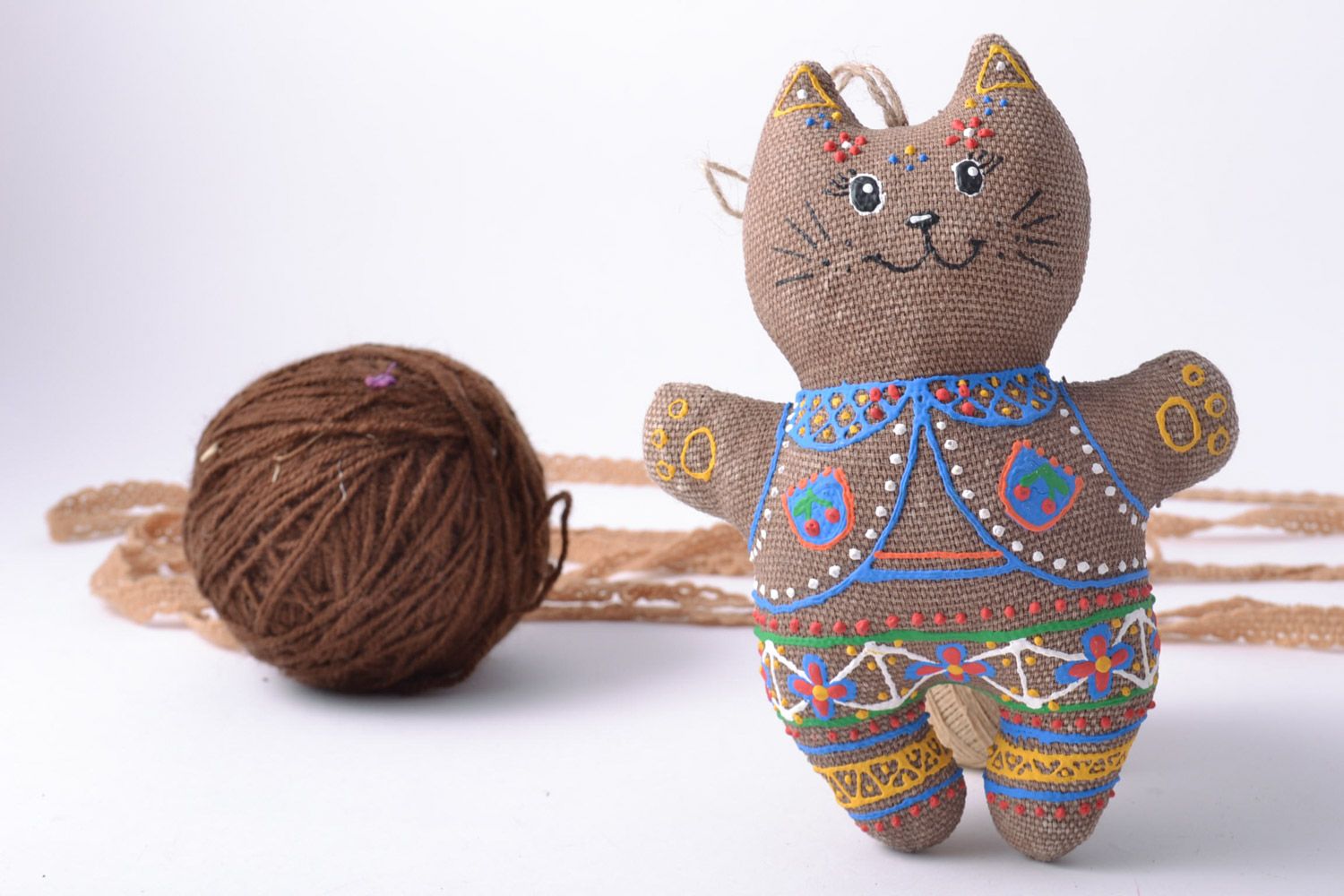 Homemade fabric interior pendant toy Cat with coffee processing photo 1