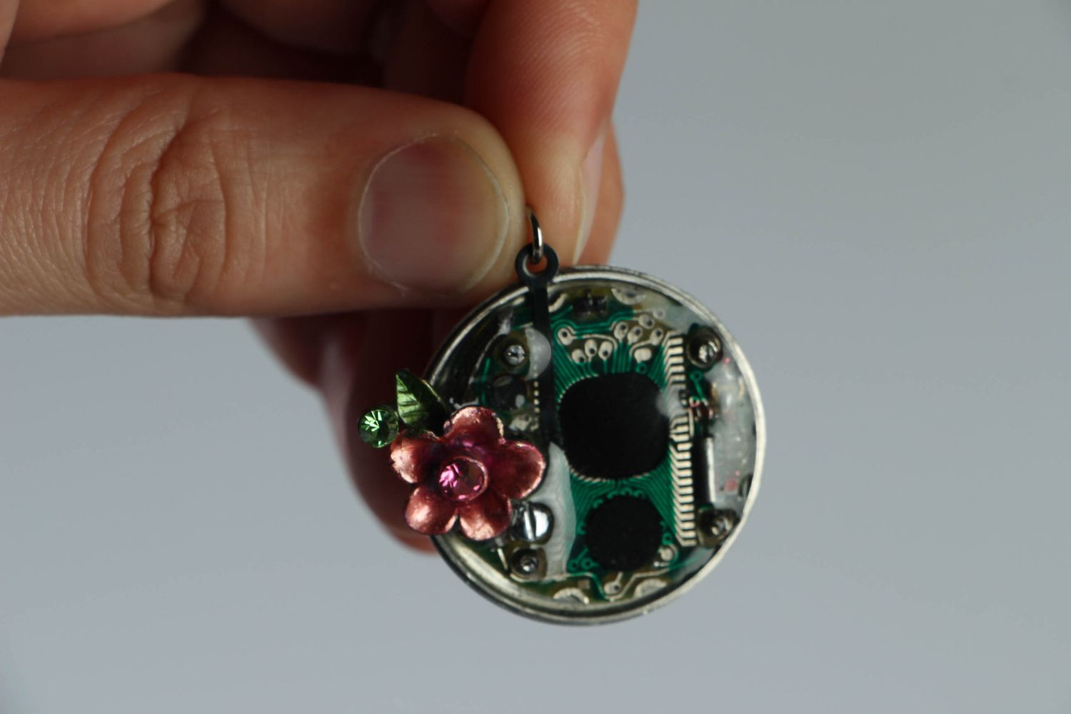 Metal pendant with microcircuit in cyberpunk technique photo 3