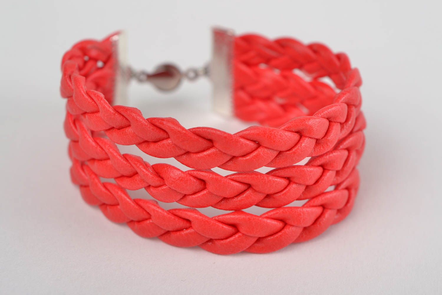Beautiful handmade wide braided faux leather wrist bracelet of red color photo 3