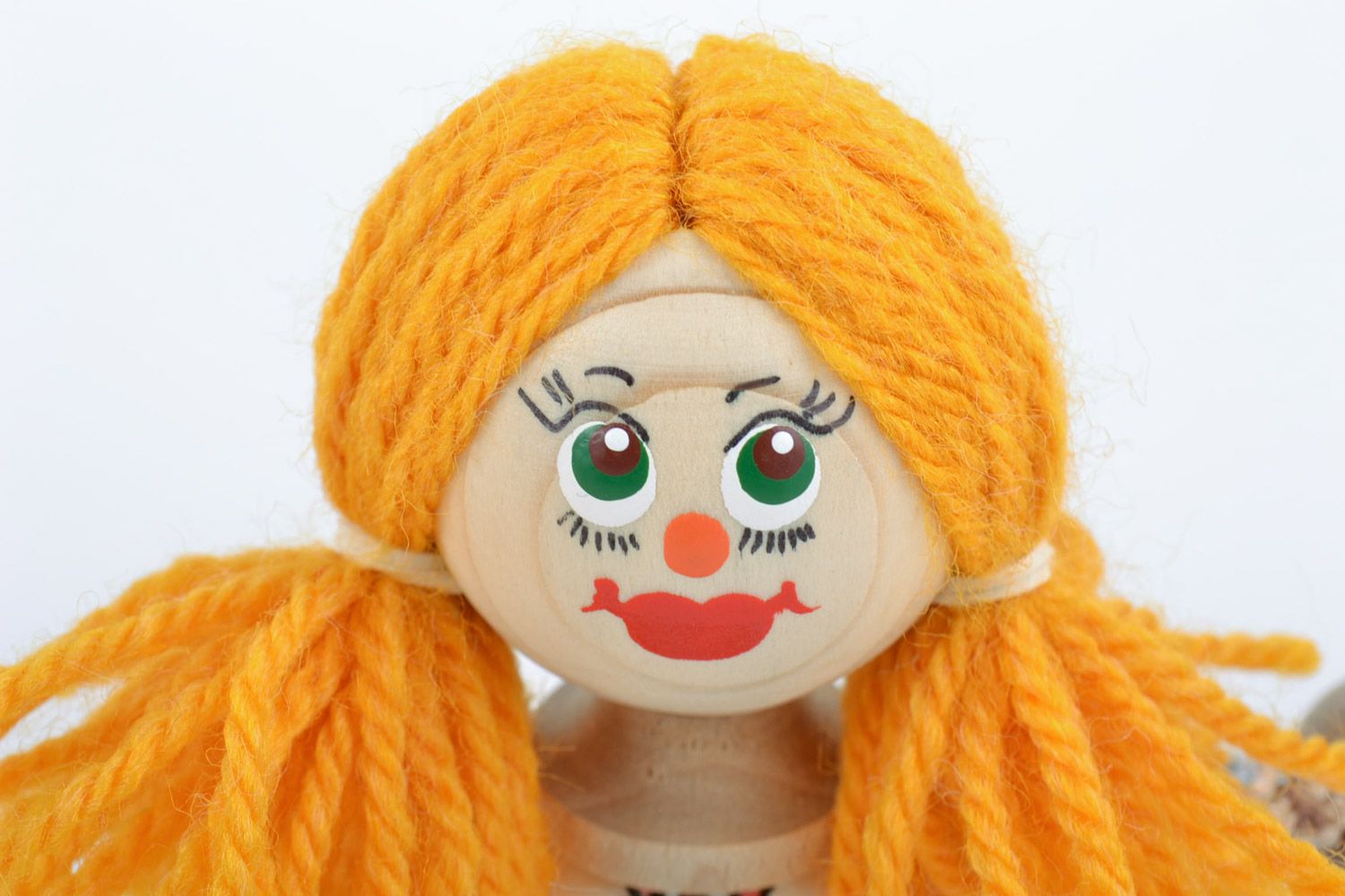 Handmade small painted wooden eco toy girl with bright yellow hair for kids photo 3