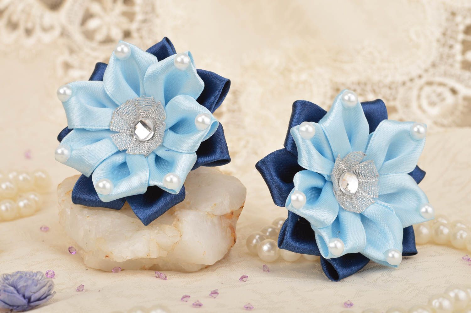 Children's handmade kanzashi scrunchies made of blue ribbons set of 2 pieces  photo 1
