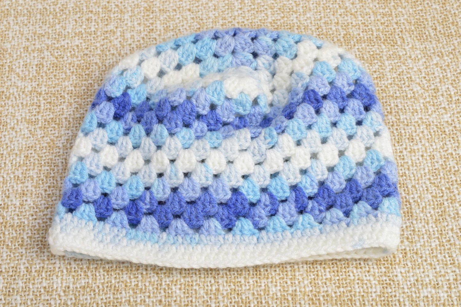 Bonnet tricot Chapeau au crochet bleu blanc coton acrylique Vêtement enfant photo 1