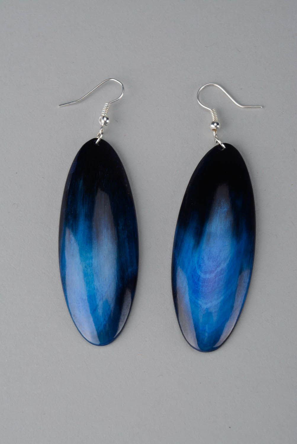 Blue long earrings made ​​of cow horn photo 1