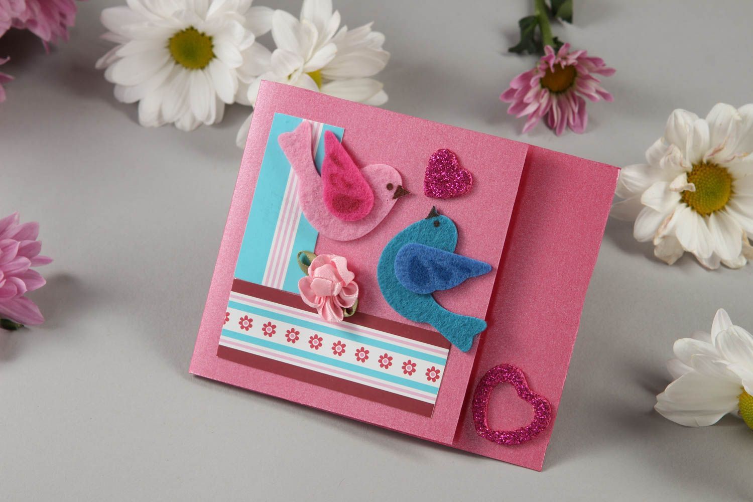 Tarjeta de felicitación rosada con pájaros postal hecha a mano regalo original foto 1