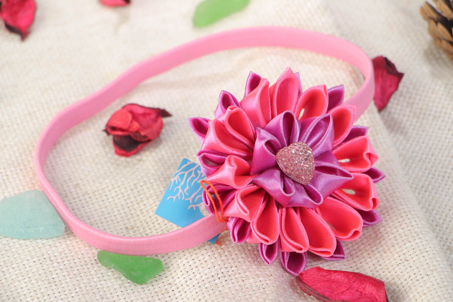 Handmade designer headband with thin basis and pink ribbon kanzashi flower  photo 1