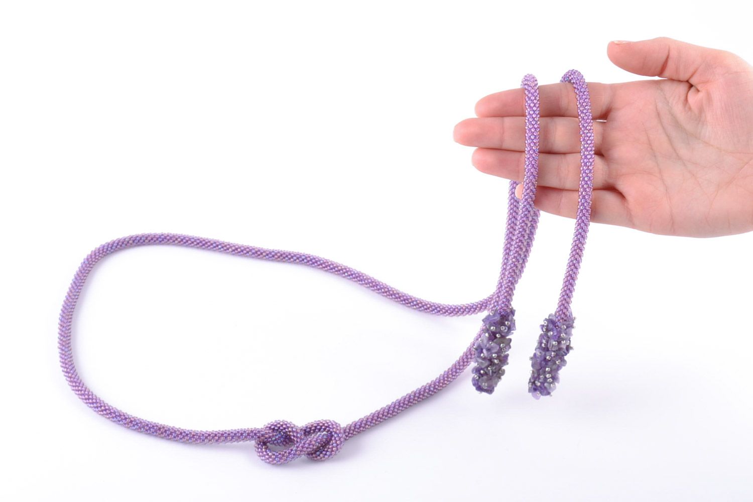 Long collier lariat en perles de rocaille et améthyste fait main violet  photo 2