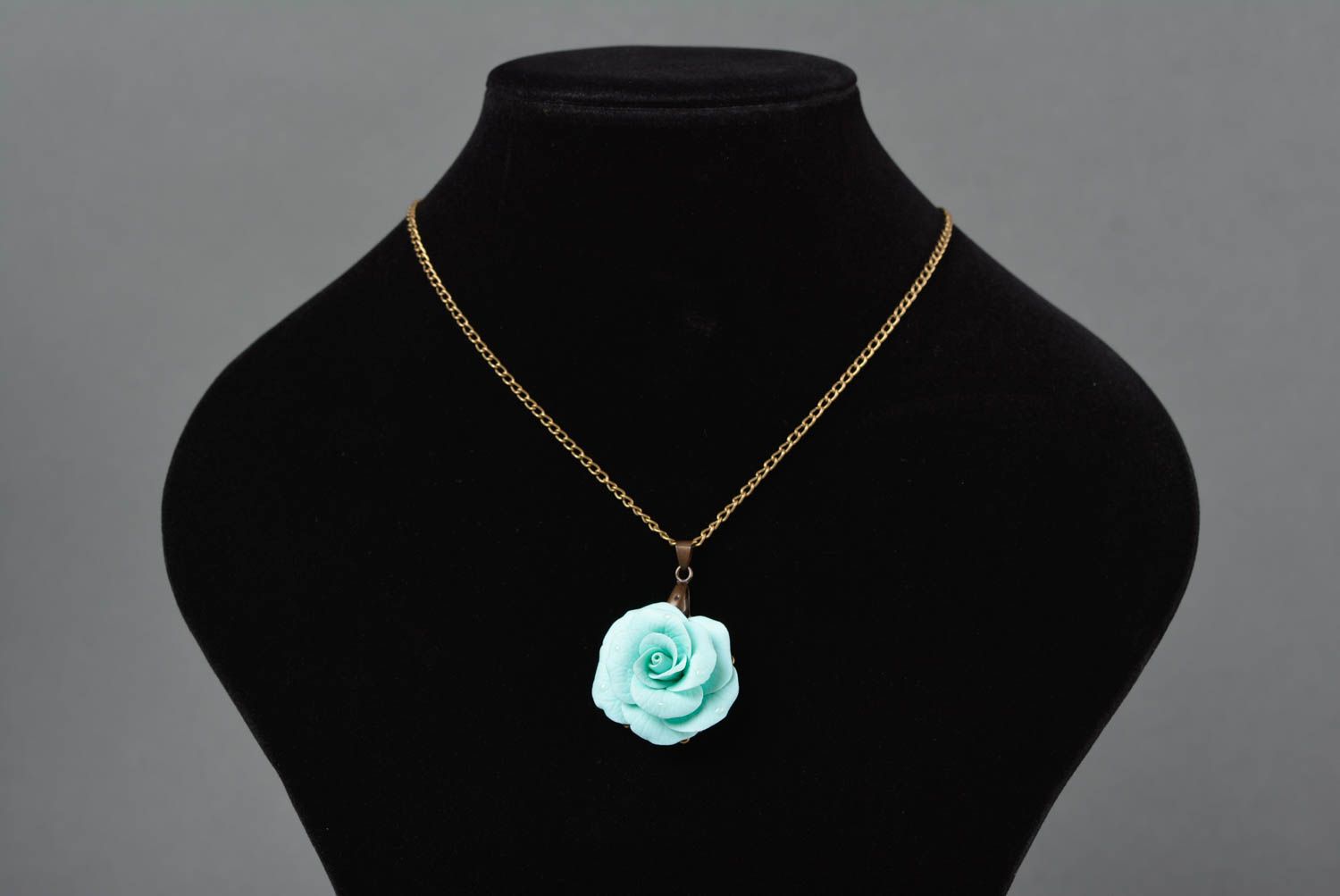 Elegant handmade designer blue polymer clay flower pendant on long chain Rose photo 3