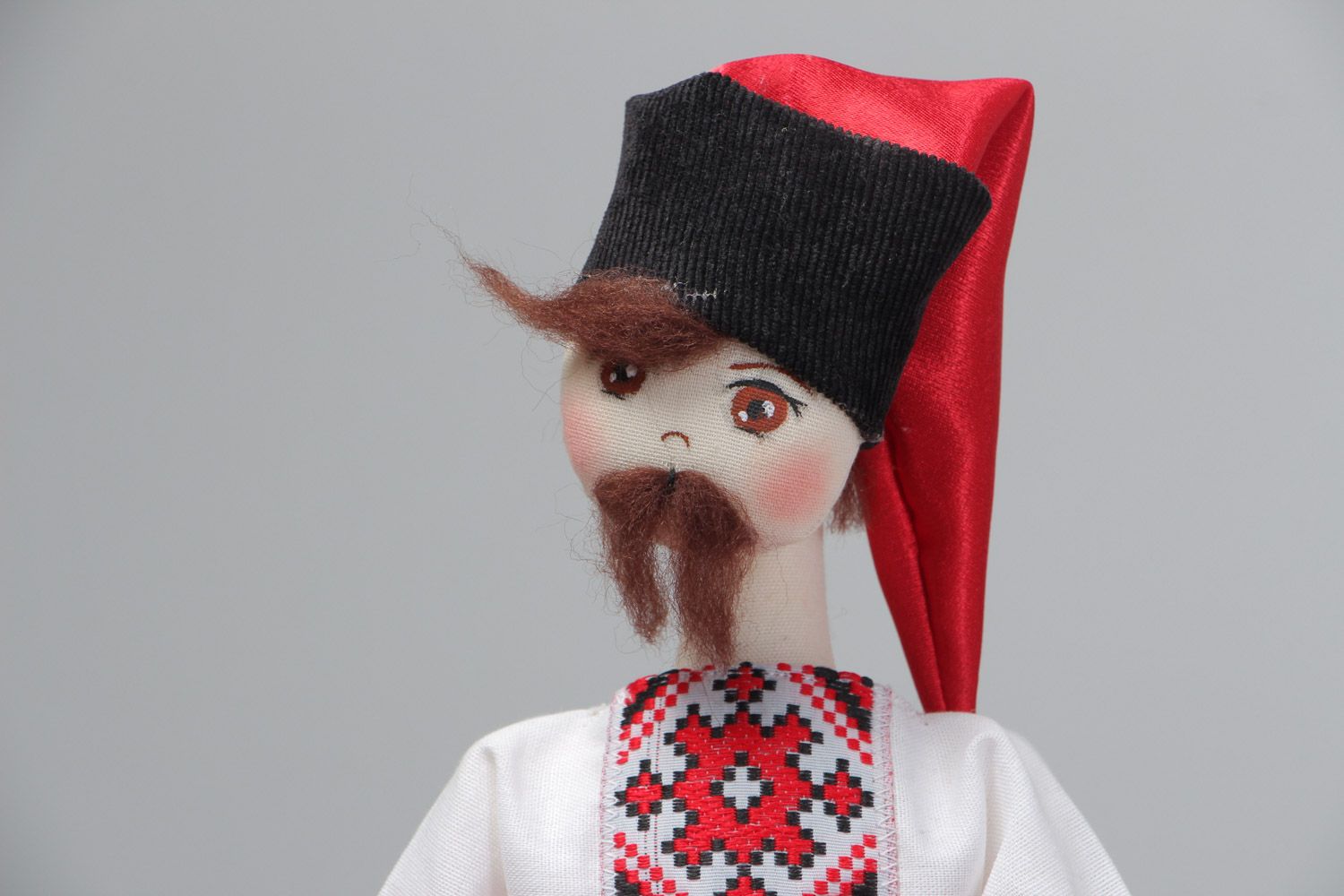 Handmade designer collectible soft doll sewn of fabric with painting Cossack photo 3