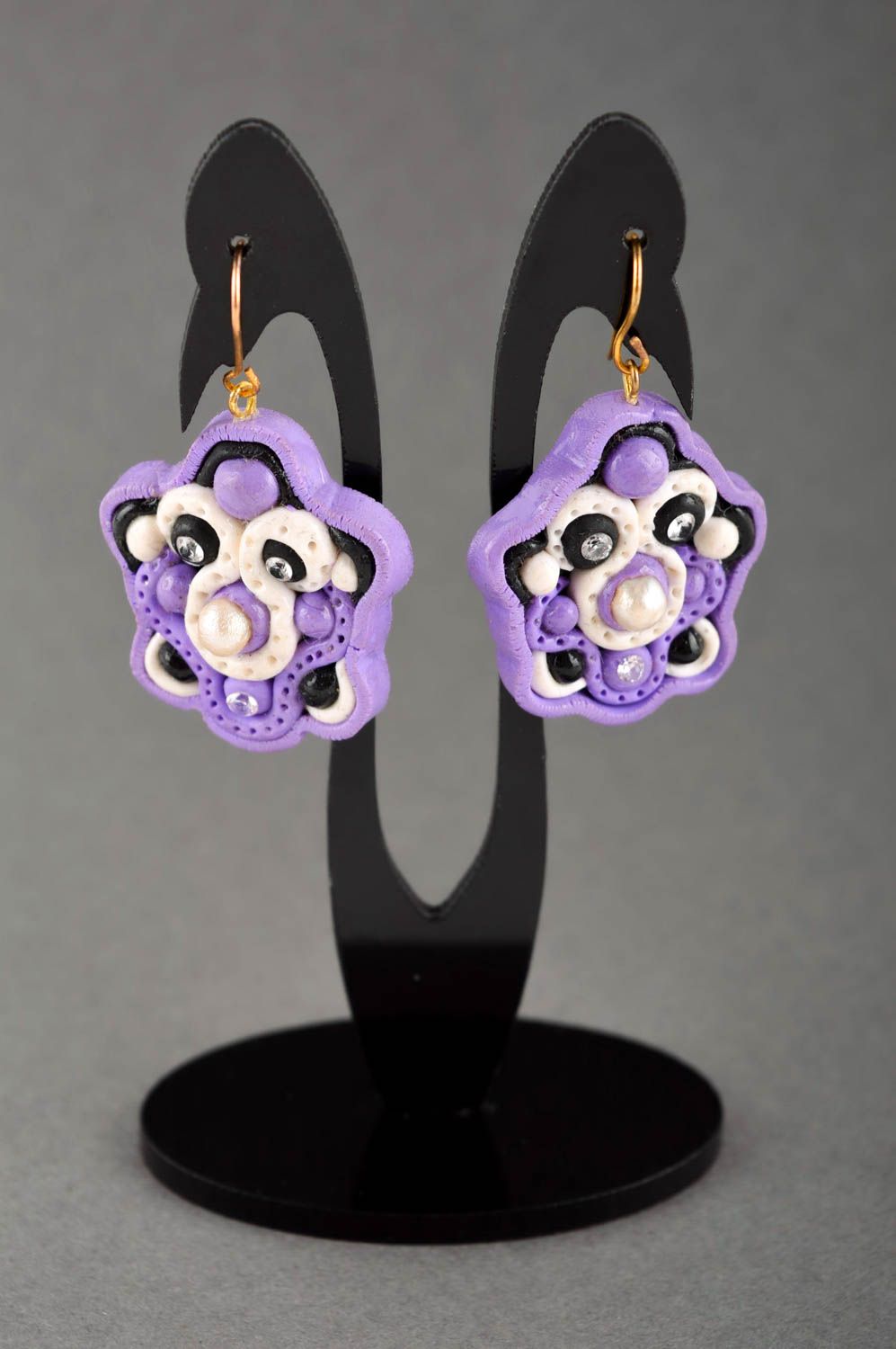 Handmade violette Blumen Ohrringe Polymer Schmuck Accessoire für Frauen foto 1