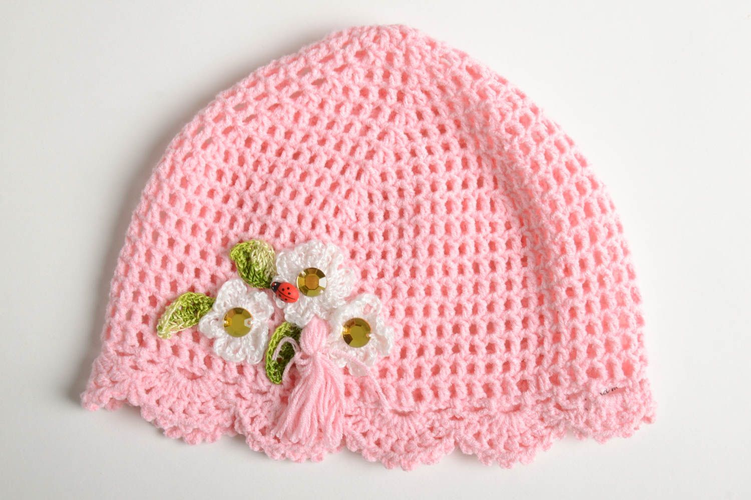 Bonnet tricot fait main Chapeau au crochet rose printemps Vêtement enfant design photo 2