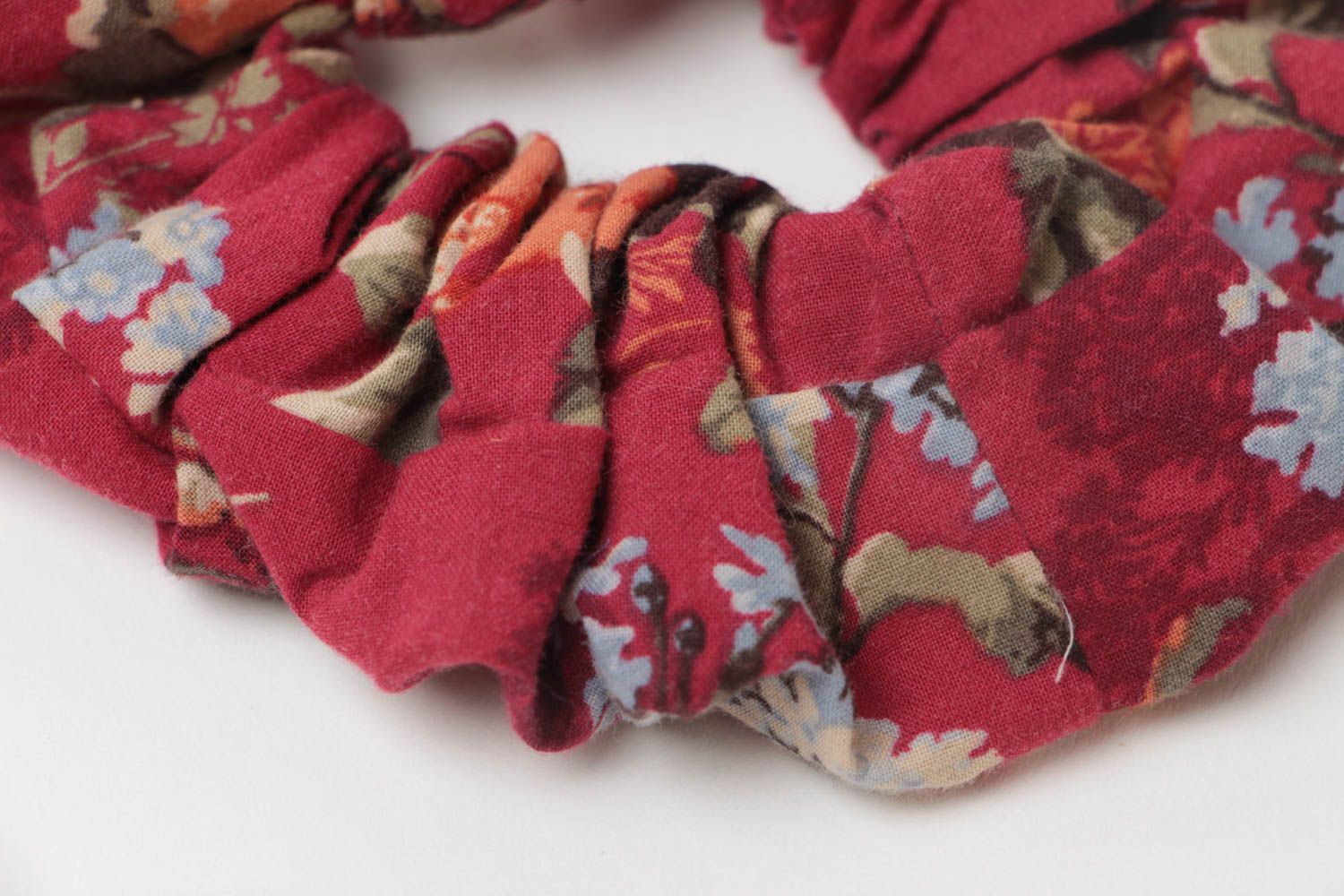 Handmade volume dark red cotton fabric hair tie with floral pattern with bow photo 4