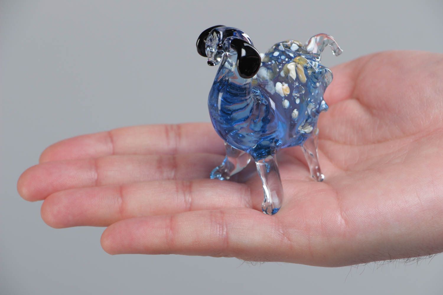 Handmade collectible lampwork glass miniature animal figurine of blue lamb photo 5