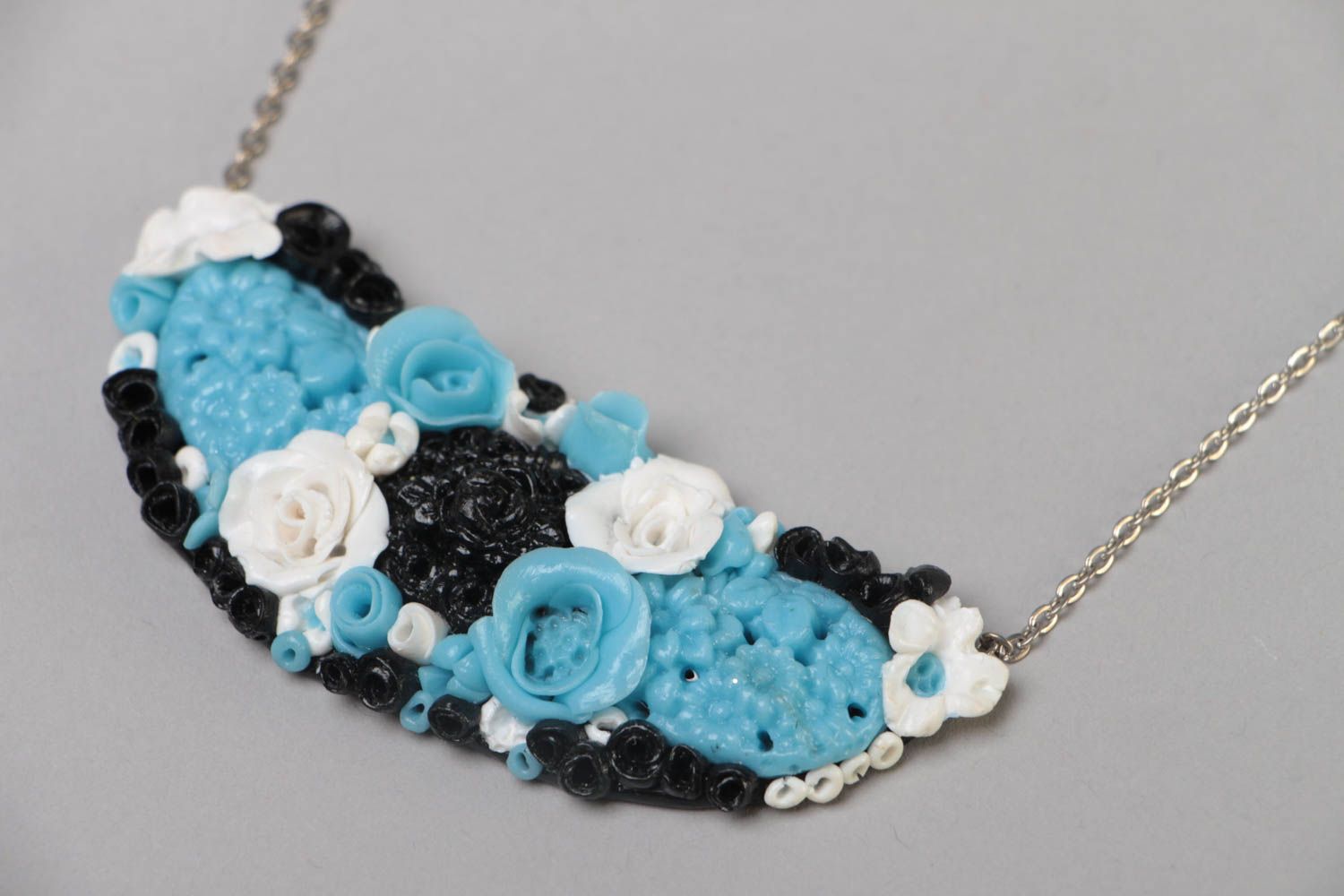 Handmade blue and white polymer clay floral pendant necklace on metal chain  photo 3