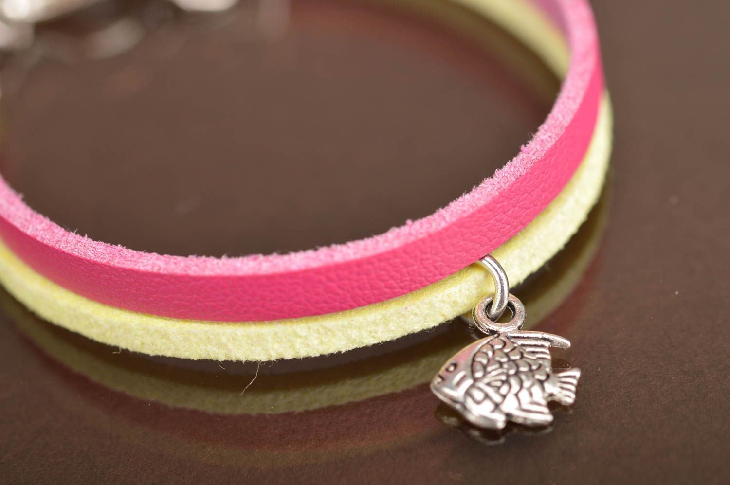 Genuine leather bracelet with charm handmade designer accessory with fish  photo 2