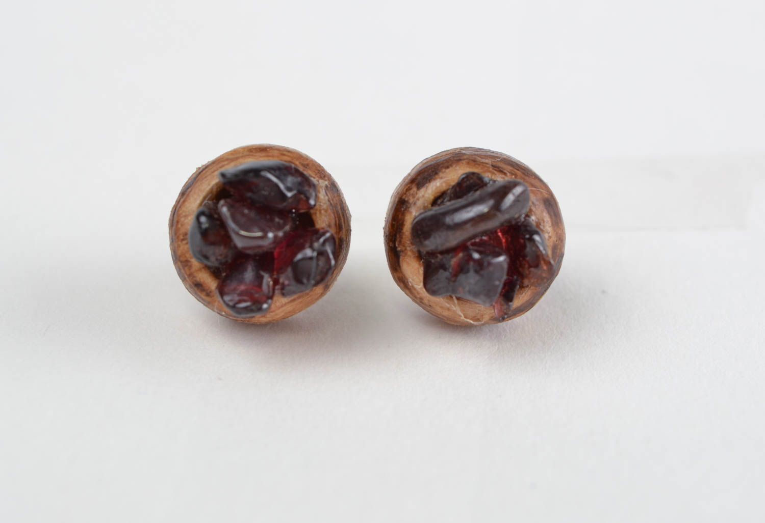 Handmade designer small wooden stud earrings with natural garnet stone photo 3