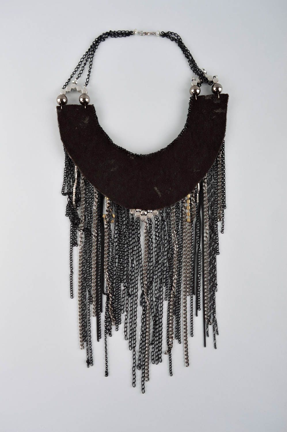 Massive metal necklace handmade leather jewelry elegant black necklace photo 4