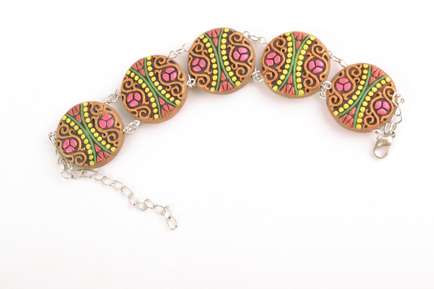 Women's wrist bracelet with brightly painted round ceramic elements handmade photo 5