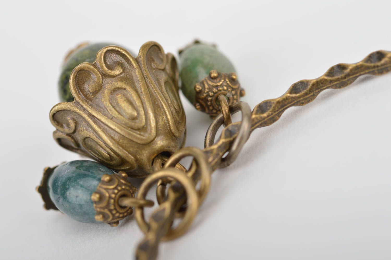 Handmade ring shaped metal dangle earrings with green beads charms photo 4