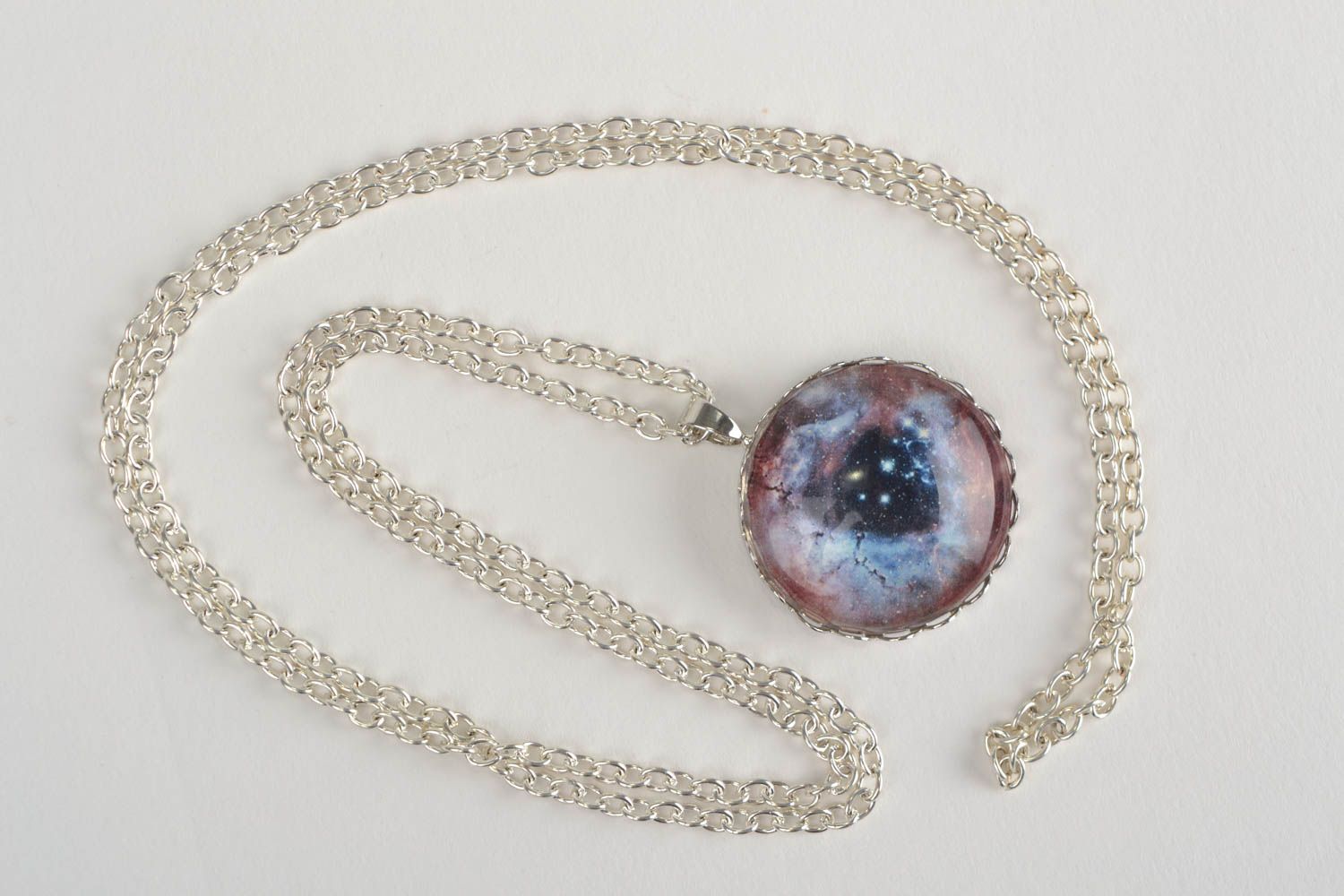 Handmade designer round glass pendant with image of nebula on long metal chain photo 3