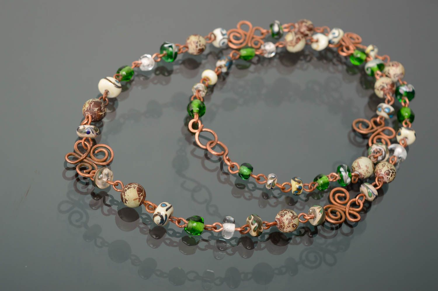 Wire wrap necklace with designer lampwork beads Spring photo 1