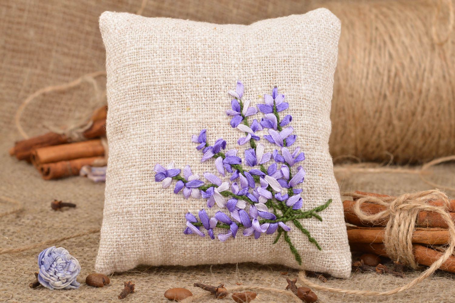 Beautiful handmade decorative natural fabric interior pillow with embroidery photo 1
