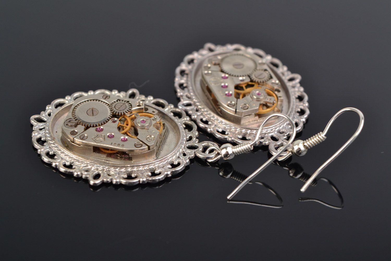 Handmade designer steampunk earrings with lace metal basis and clock mechanism photo 1