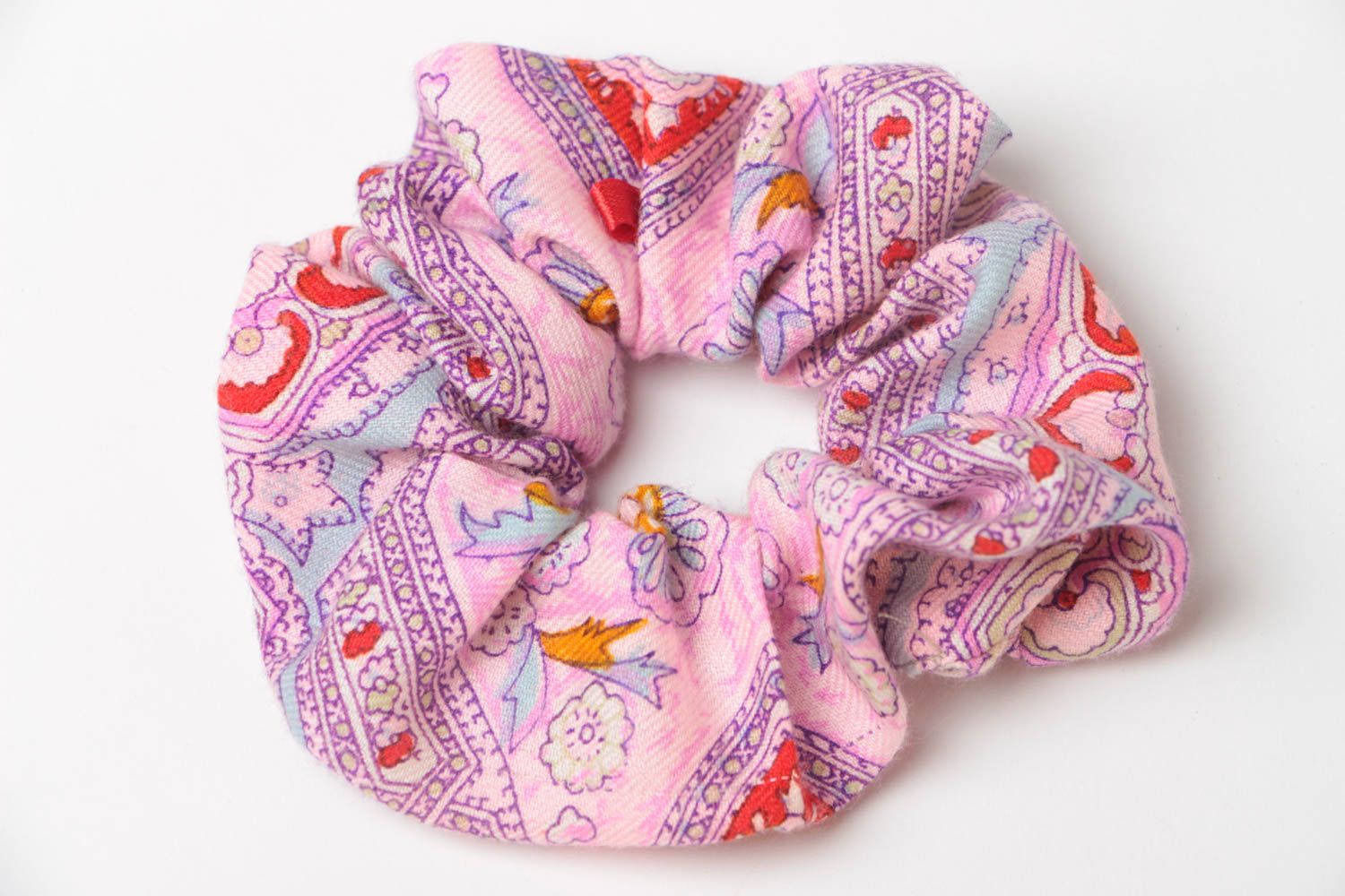 Beautiful handmade pink fabric scrunchy with oriental pattern photo 2