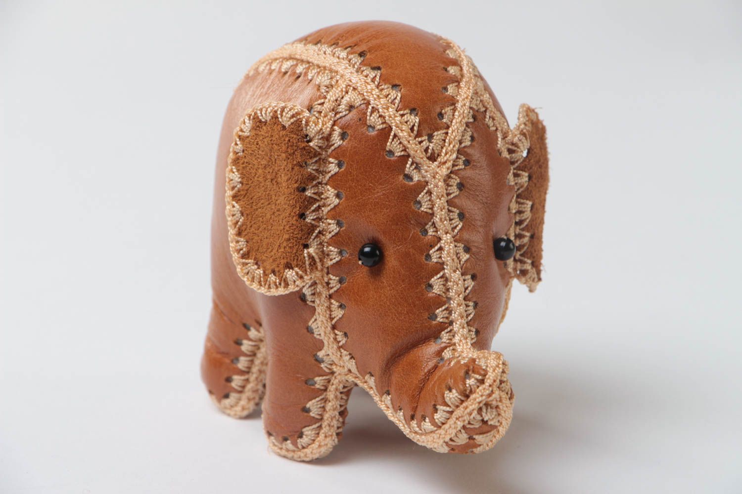Handmade small designer soft toy cute elephant cub sewn of genuine brown leather photo 3