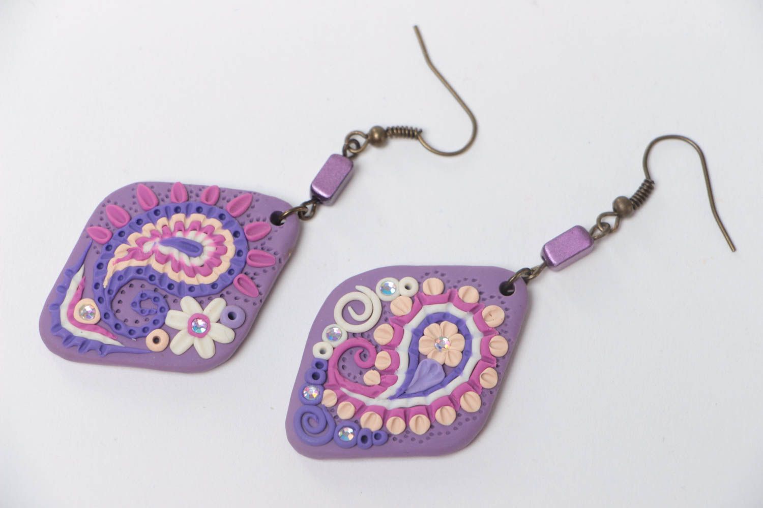 Lilac earrings made of polymer clay with patterns handmade summer accessory photo 2