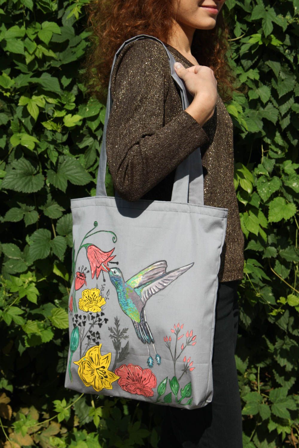 Grand sac à main Accessoire femme fait main gris avec dessin Cadeau original photo 5