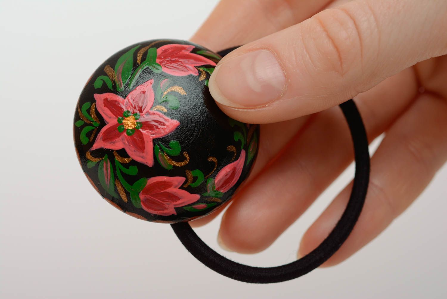 Handmade wooden scrunchy with acrylic painting black with flowers designer accessory photo 5