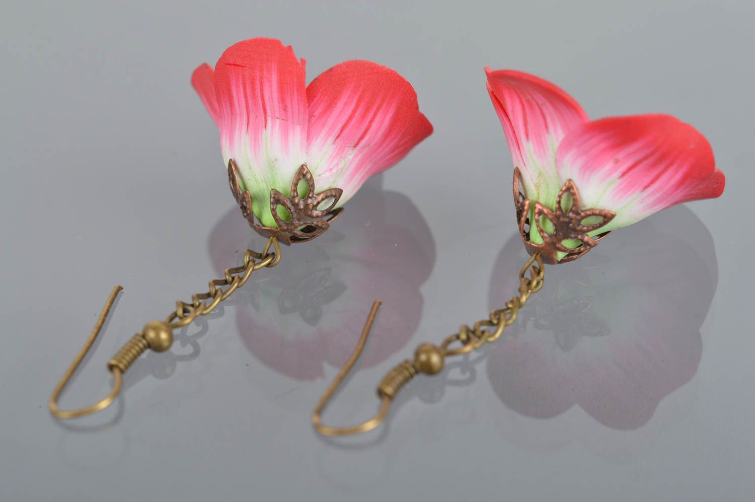 Neat earrings with polymer clay flowers unusual pink handmade accessory photo 5