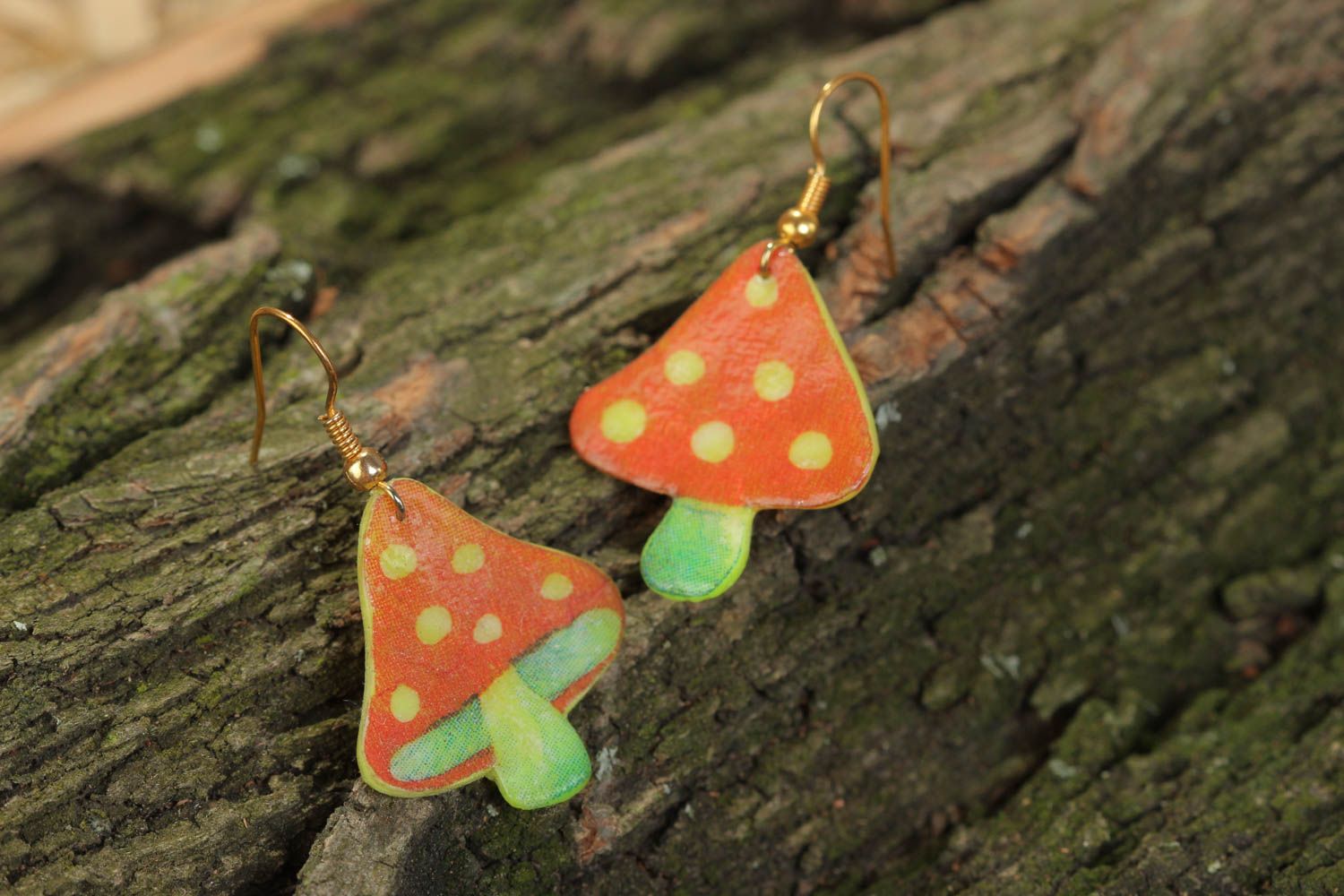 Handmade polymer clay earrings with print cute Mushrooms designer accessory photo 1
