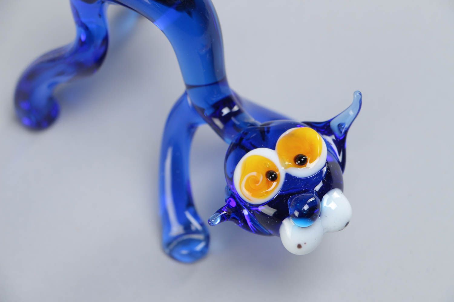 Handmade collectible lampwork glass miniature animal figurine of blue cat photo 3
