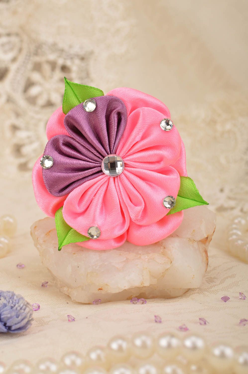Children's designer pink scrunchy with satin ribbon flower kanzashi technique  photo 1