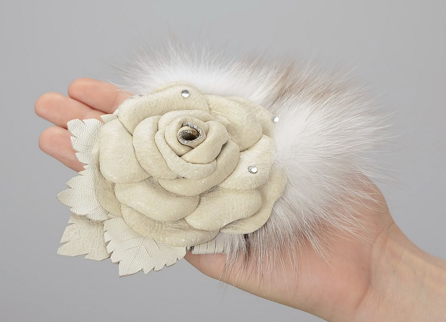 Brooch made from natural leather and fur in the form of a flower photo 5