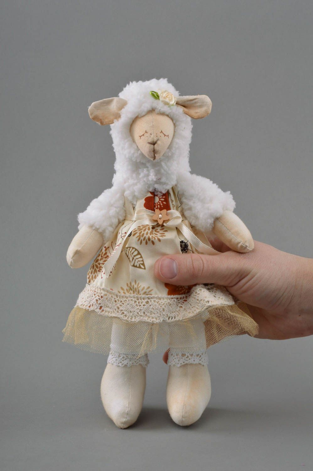 Handmade soft toy lamb in dress designer stuffed toy made of natural fabrics photo 4