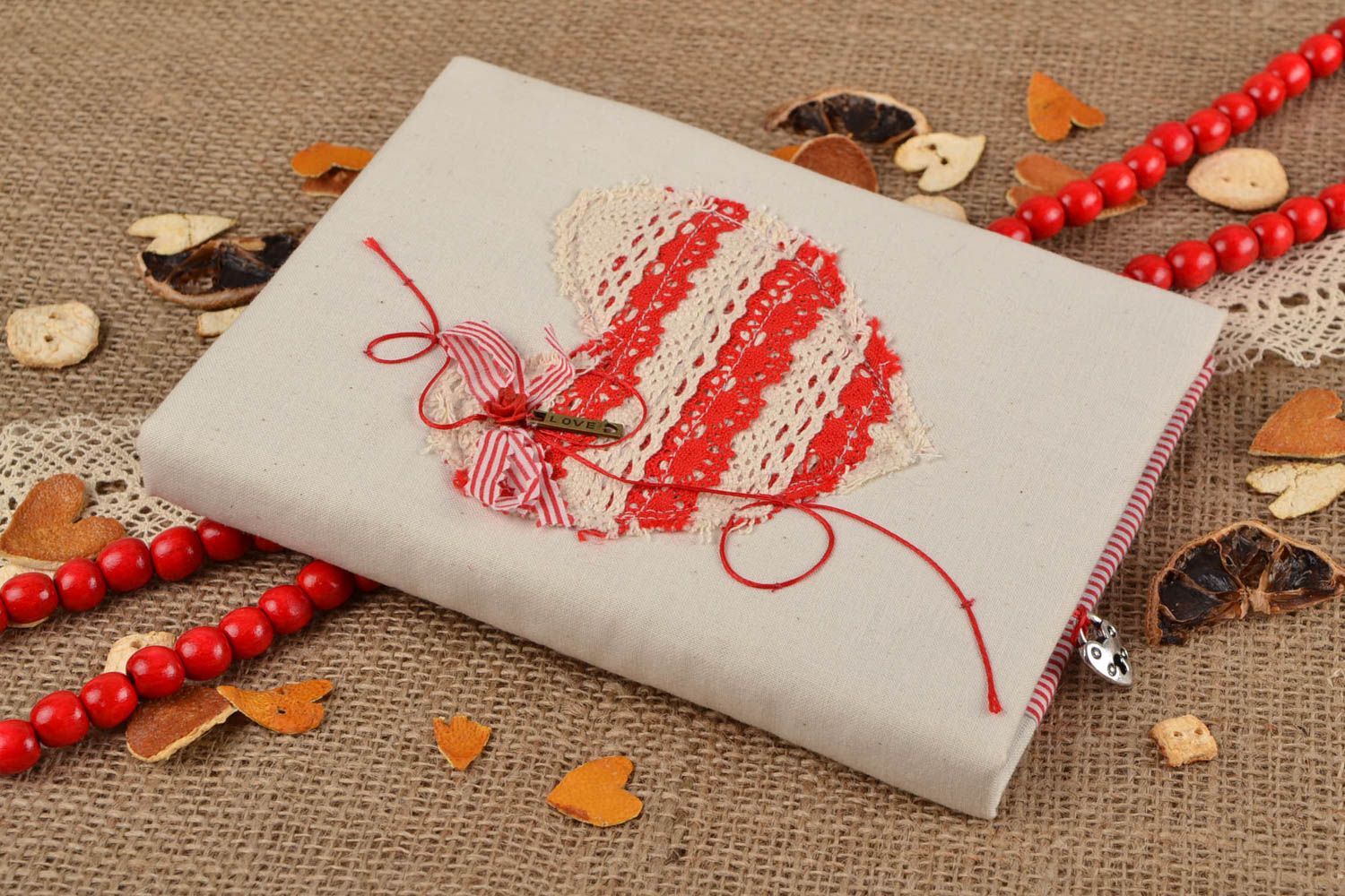 Handmade notebook with light fabric cover with red lacy heart scrapbooking photo 1