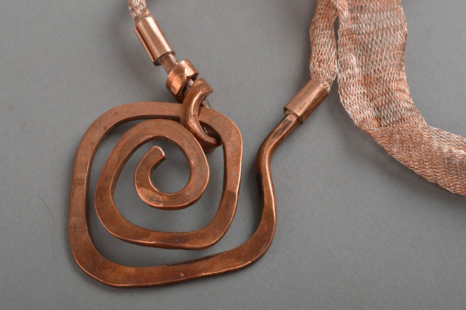 Handmade unusual accessory designer forged pendant on lace made of copper photo 3
