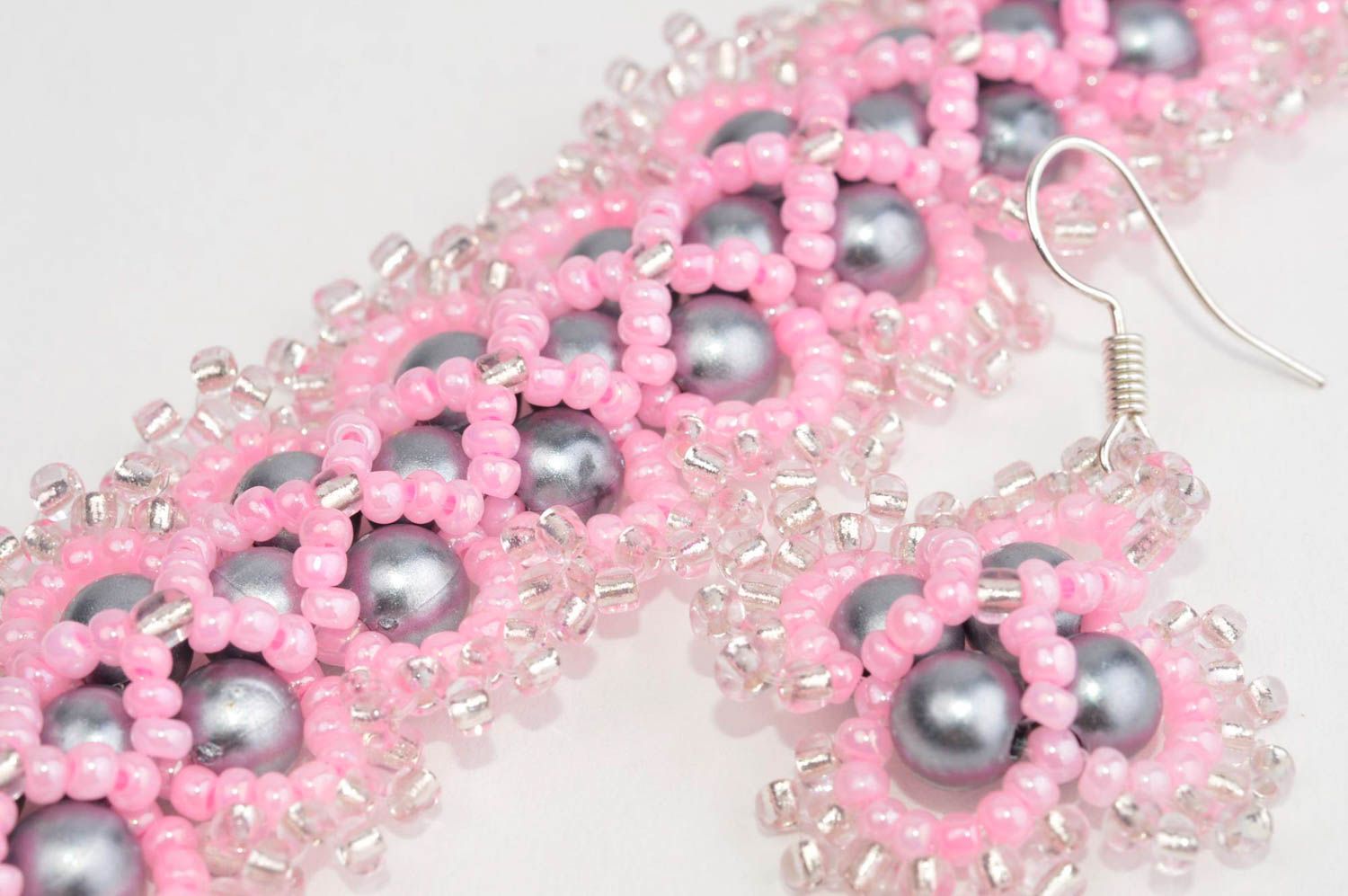 Pink earrings handmade jewelry set designer bracelet beaded accessories for her photo 5