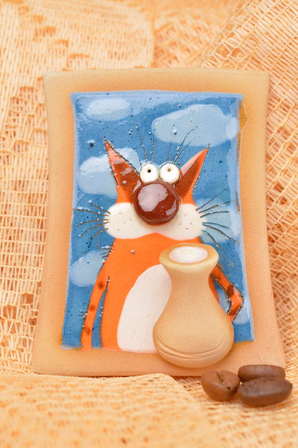Магнит на холодильник хэнд мэйд декор для дома необычный подарок Кот с молоком фото 1