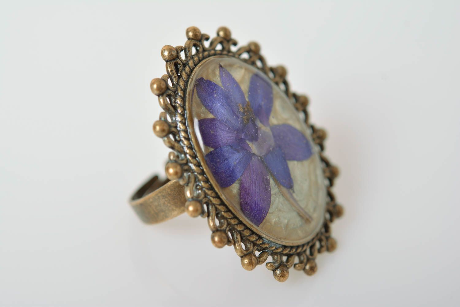 Handmade Vintage Ring mit echter Blume oval aus Metall schön blau für Damen foto 4