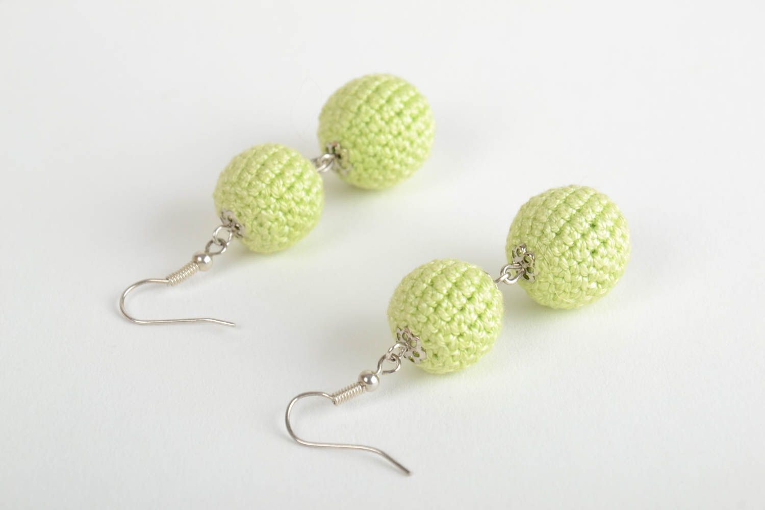 Handmade designer beautiful crochet ball earrings of gentle color photo 3