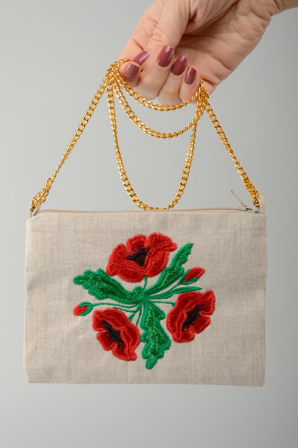 Handmade linen clutch bag with embroidery and applique work Poppies photo 2