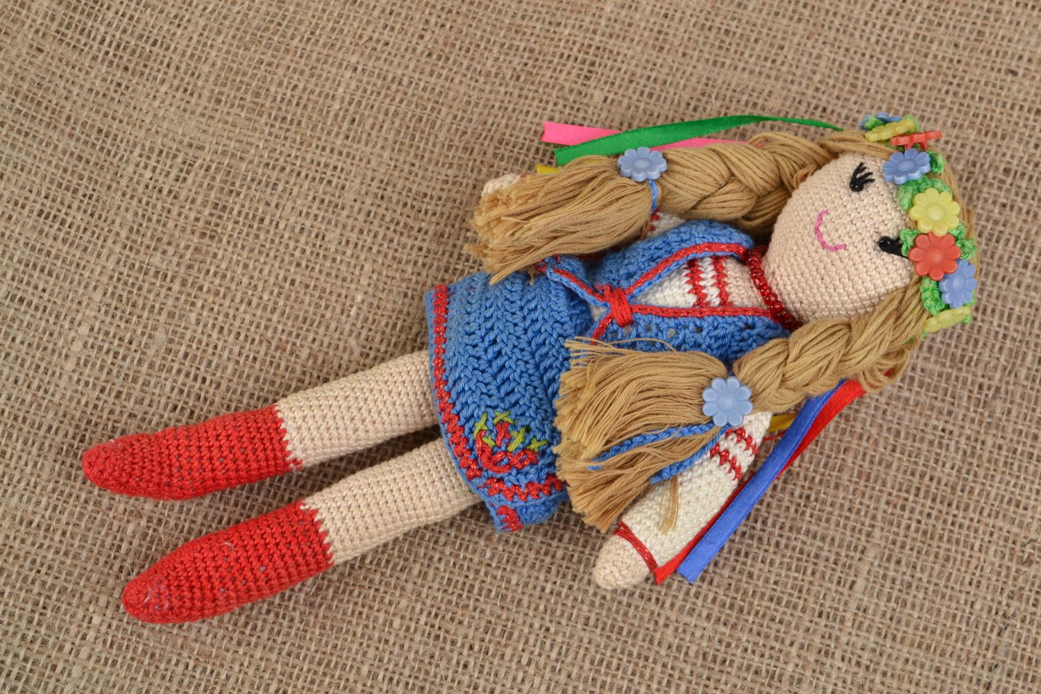 Handmade crochet soft doll Ukrainian Girl in ethnic clothes with head wreath photo 1