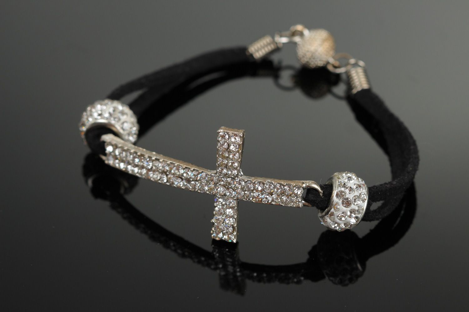 Black handmade artificial suede wrist bracelet with cross charm and strasses for girls photo 1