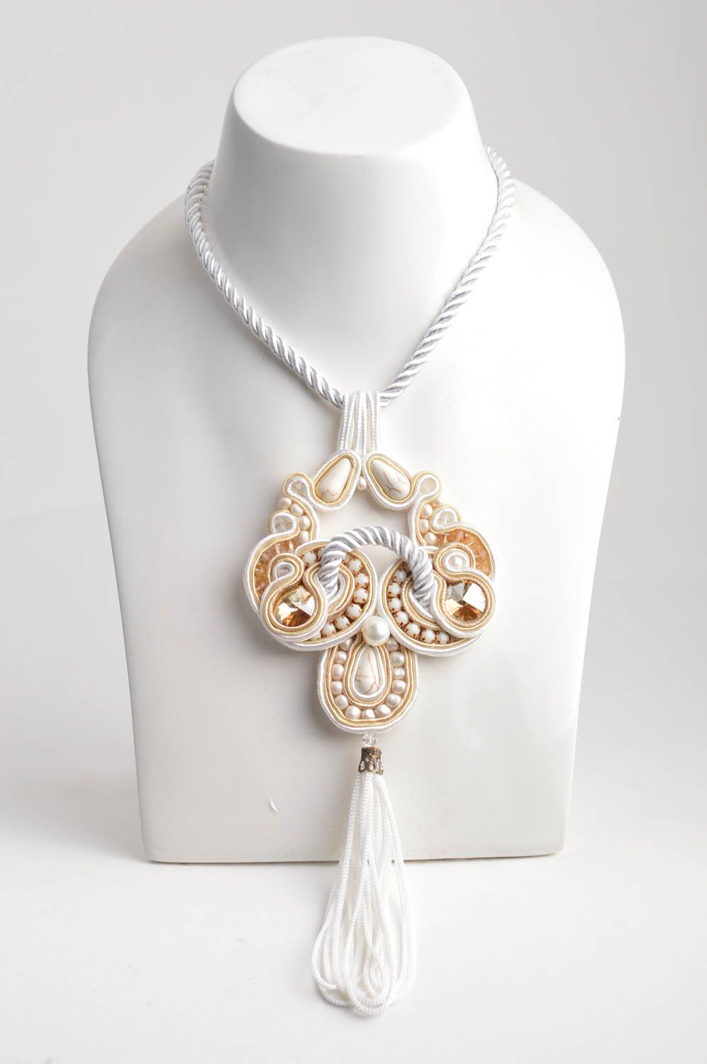 Beautiful handmade designer soutache neck pendant with crystals and beads photo 3