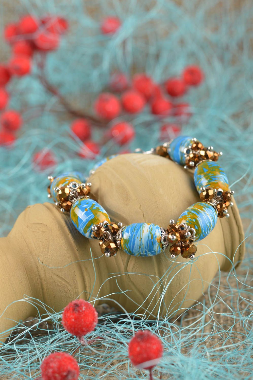Bracelet fantaisie Bijou fait main bleu métal perles céramiques Cadeau femme photo 1