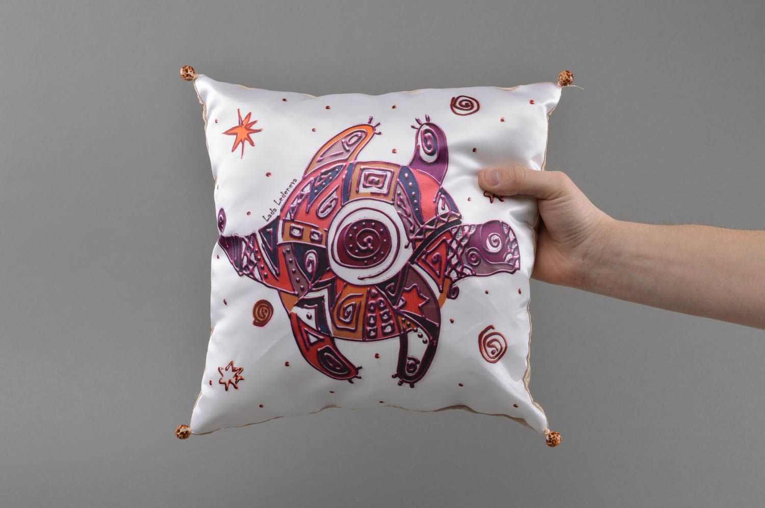 Homemade designer square decorative satin fabric throw pillow with turtle  photo 4